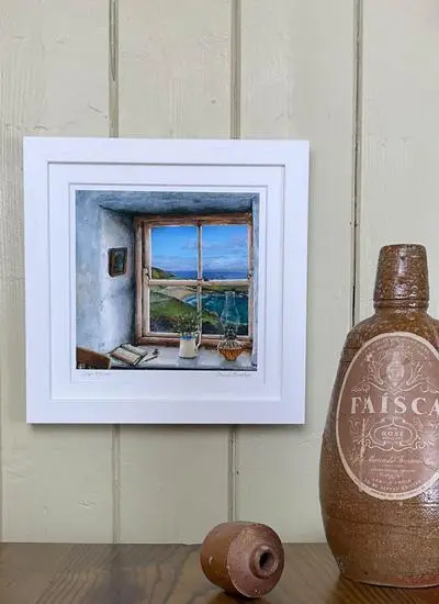 framed print of painting featuring a view from the window of a house in rural ireland